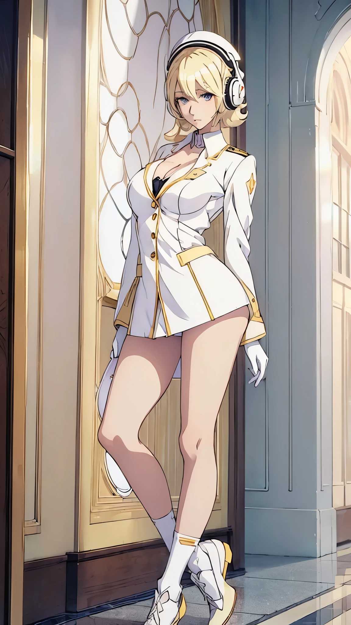 (((White Headphone))), (((Blonde))), (((Tall))), (((Slender))), (((Uniform))), cleavage, (((Beautiful face))), (((anime))), (((Pastel))), (((Beautiful Legs)))
