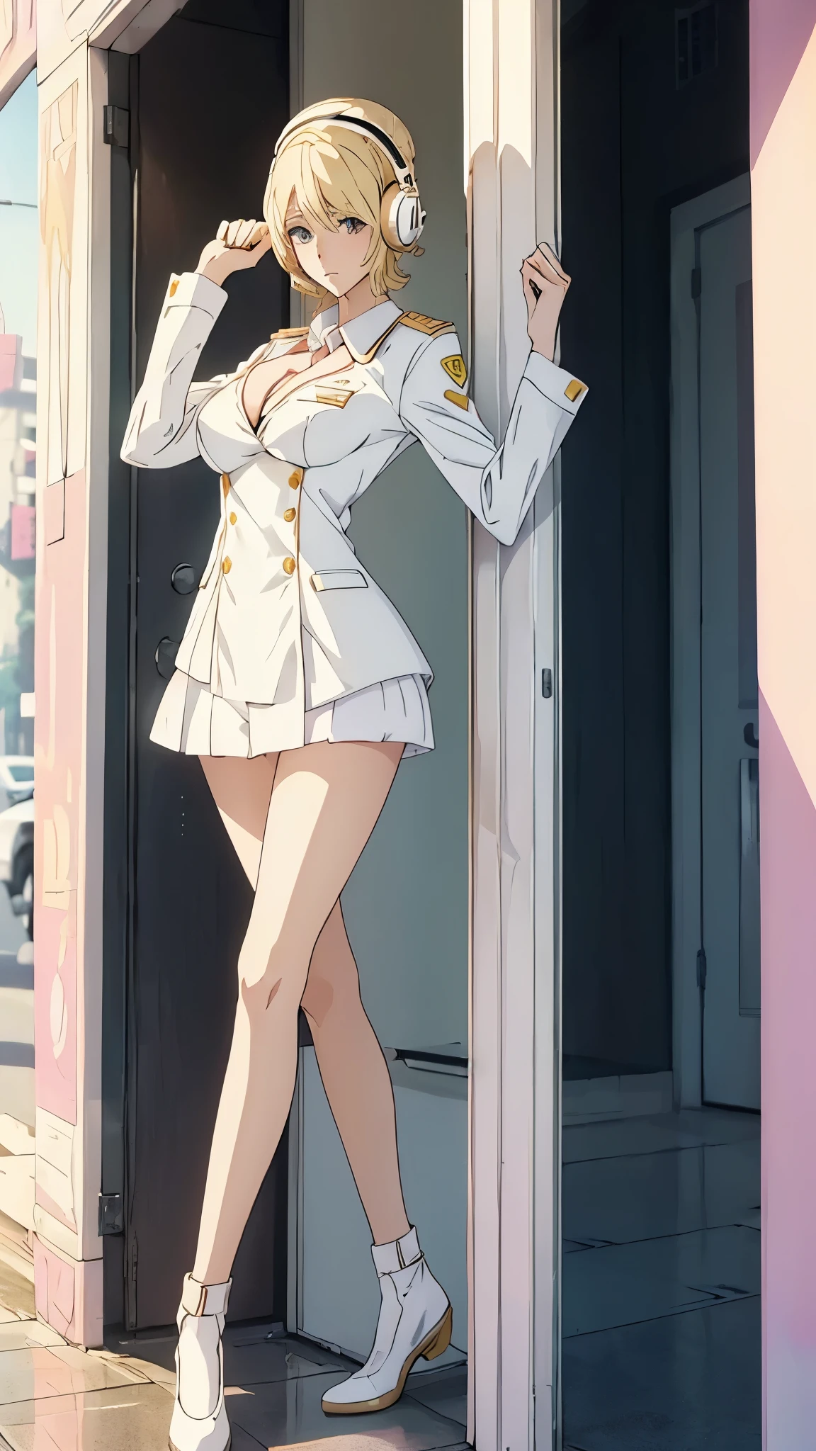 (((White Headphone))), (((Blonde))), (((Tall))), (((Slender))), (((Uniform))), cleavage, (((Beautiful face))), (((anime))), (((Pastel))), (((Beautiful Legs)))