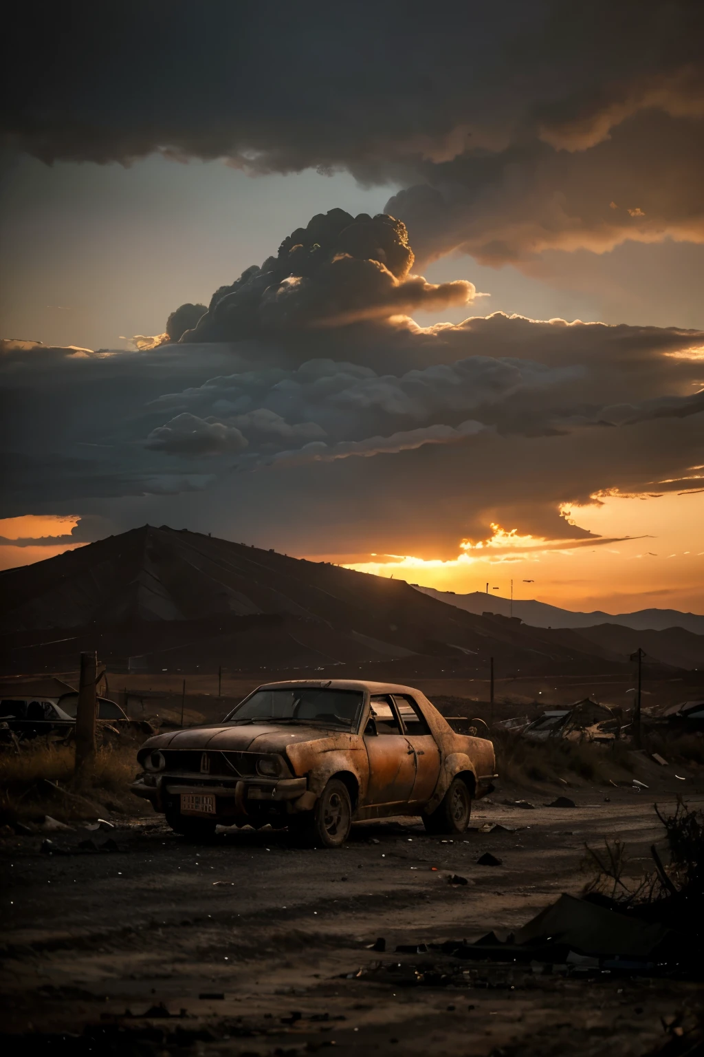 in an apocalyptic scenario, the landscape is a grim vision of desolation and chaos. The sky is covered in dark clouds, dyed red and orange hues due to fires and pollution. Ruins of buildings rise like skeletons of a bygone era, with debris scattered everywhere. O solo, Formerly fertile, turned into a mixture of barren land and debris. The horizon is marked by distorted silhouettes of burned structures, while toxic smoke hangs in the air.

The absence of life is palpable, with dead plants and gnarled trees. O vento sopra poeira e cinzas, criando uma atmosfera sufocante. The only noticeable sound is the howl of the wind through the abandoned structures. The scene is illuminated by a dark light, creating deep shadows and accentuating the feeling of despair.

No primeiro plano, lonely and desperate figures walk the empty streets, carregando o peso de um mundo que se desfez. abandoned vehicles, corroded by time, are scattered throughout the streets, testemunhando o colapso da sociedade. It is a vision of a world that has succumbed to catastrophic events, where hope seems to have completely disappeared.