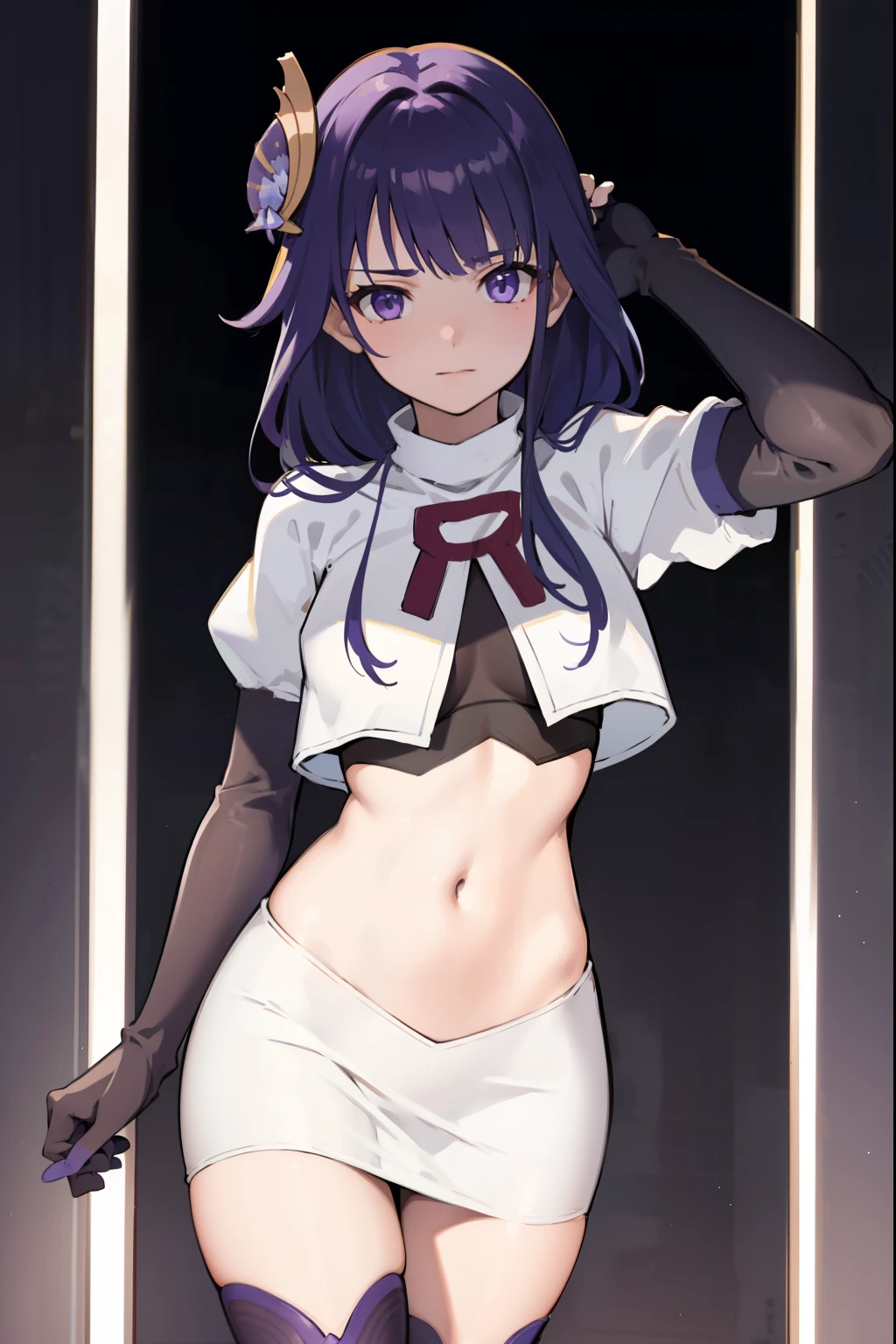(Highest quality,Masterpiece,8k),((Pale skin)),1girll,Solo Woman,((Genshin_impact,Raiden general)), Sexy beautiful anime girl,Raiden general, Mole under eye, Long purple hair, hair ornaments, rosy lips,Anime mouth, A sexy mature woman,Detailed eyeusty figure, team rocket,team rocket uniform, red letter R, white skirt,white crop top,black thigh-highs,black elbow gloves,