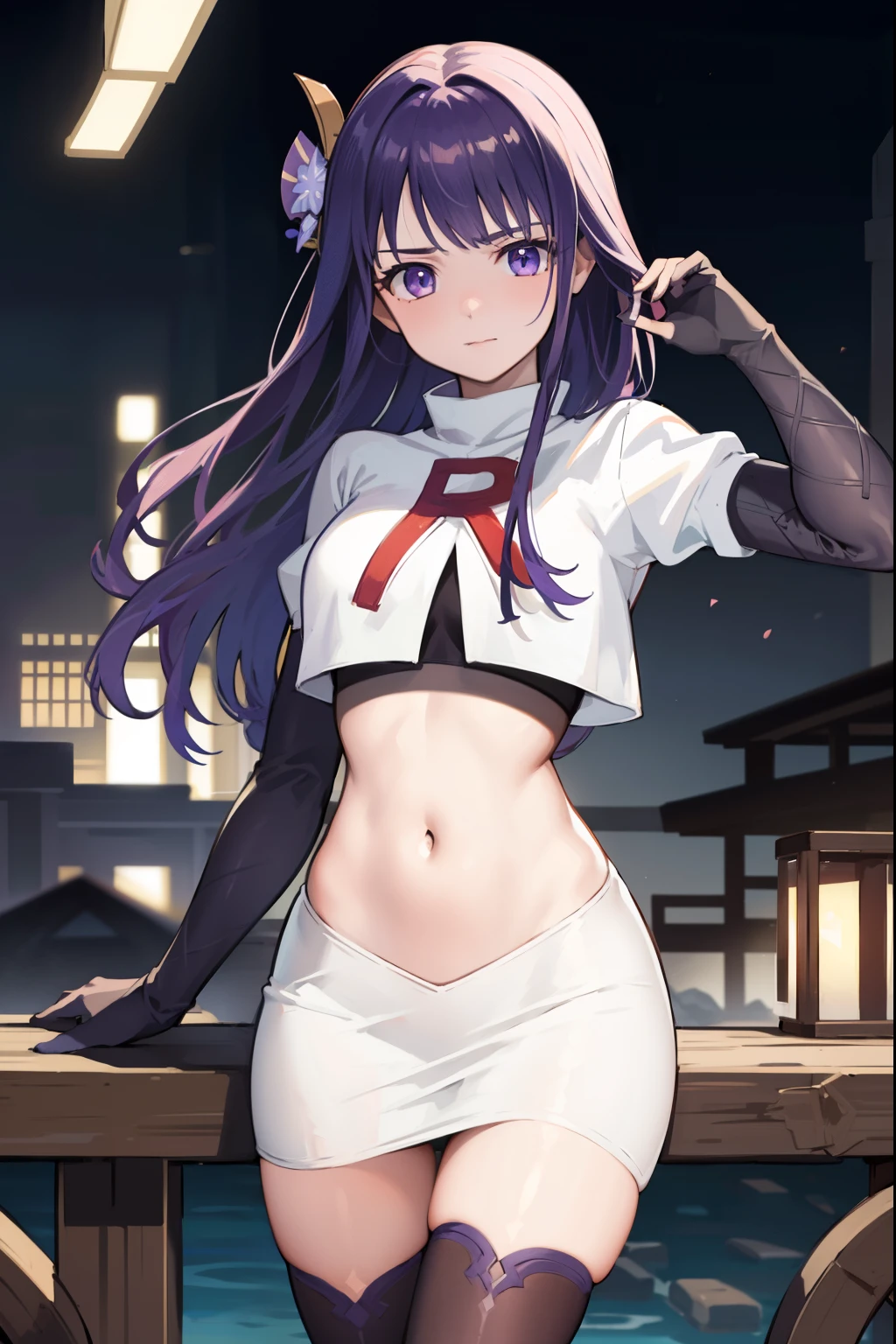 (Highest quality，Masterpiece，8k)，((Pale skin))，1girll，Solo Woman，((Genshin_impact，Raiden general)), Sexy beautiful anime girl，Raiden general, Mole under eye, Long purple hair, hair ornaments, rosy lips，Anime mouth, A sexy mature woman，Detailed eyeusty figure, team rocket,team rocket uniform, red letter R, white skirt,white crop top,black thigh-highs,black elbow gloves,