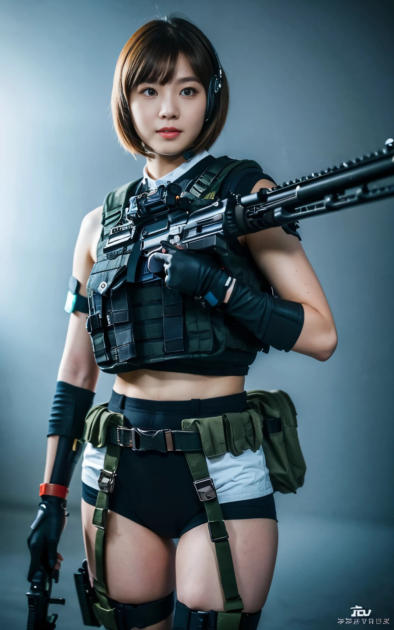 ((Best Quality, 8K, Masterpiece: 1.3)), ((best quality)), photorealistic, photorealism, Photorealistic, high resolution, 1girl aiming with an ak-47 assault rifle, Combat pose, looking at the camera, (Detailed face), short hair, (wearing red rubber suit, tactical vests, military harness, black gloves, high-tech headset), cloths color based on black dark blue), revealed thigh, Gun, Fingers are occluded, concrete wall background,