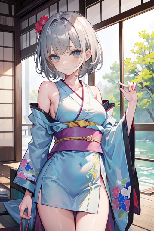 best quality、one girl、Komeiji Koishi(gray hair short hair)small breasts、Too erotic kimono、clavicle、Too erotic pussy、 that are too erotic、embarrassing、taking off one's kimono、Raising the armpits