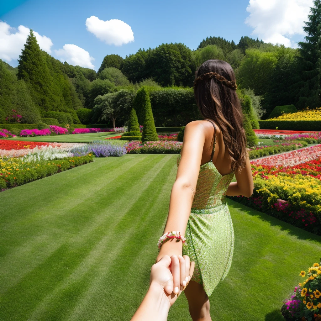 1girl, ultra detailed, highres, masterpiece,
by_style, bf_holding_hands, 1girl holding hands with viewer, walking in the flower garden,