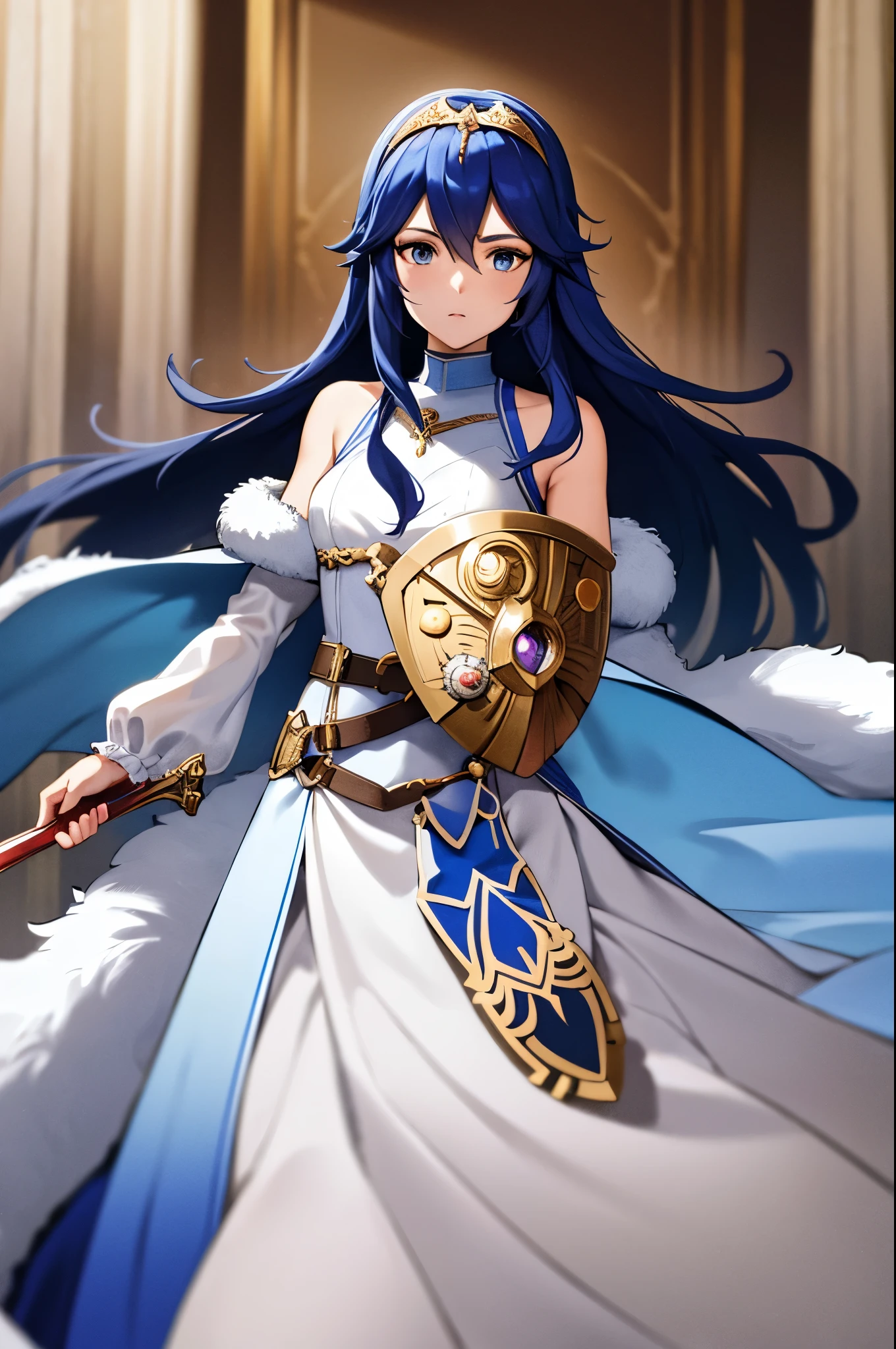 exLucy, tiara, white dress, detached sleeves, blue cape, fur trim, holding a shield with left arm, holding a sword with right arm