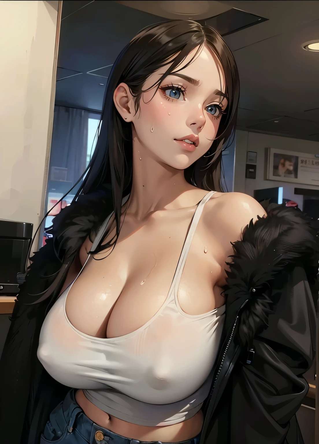 (best quality,4K,8k,high resolution,masterpiece:1.2),super detailed,(actual,realistically,realistically:1.37), Ultra high definition face, a close up of a woman in a white top and jeans, Wearing a black fur coat, split, attractive girl, Very fair skin, large breasts, large , biggest breast, huge breast, thin waist, fitness model, rosy cheeks, sweat