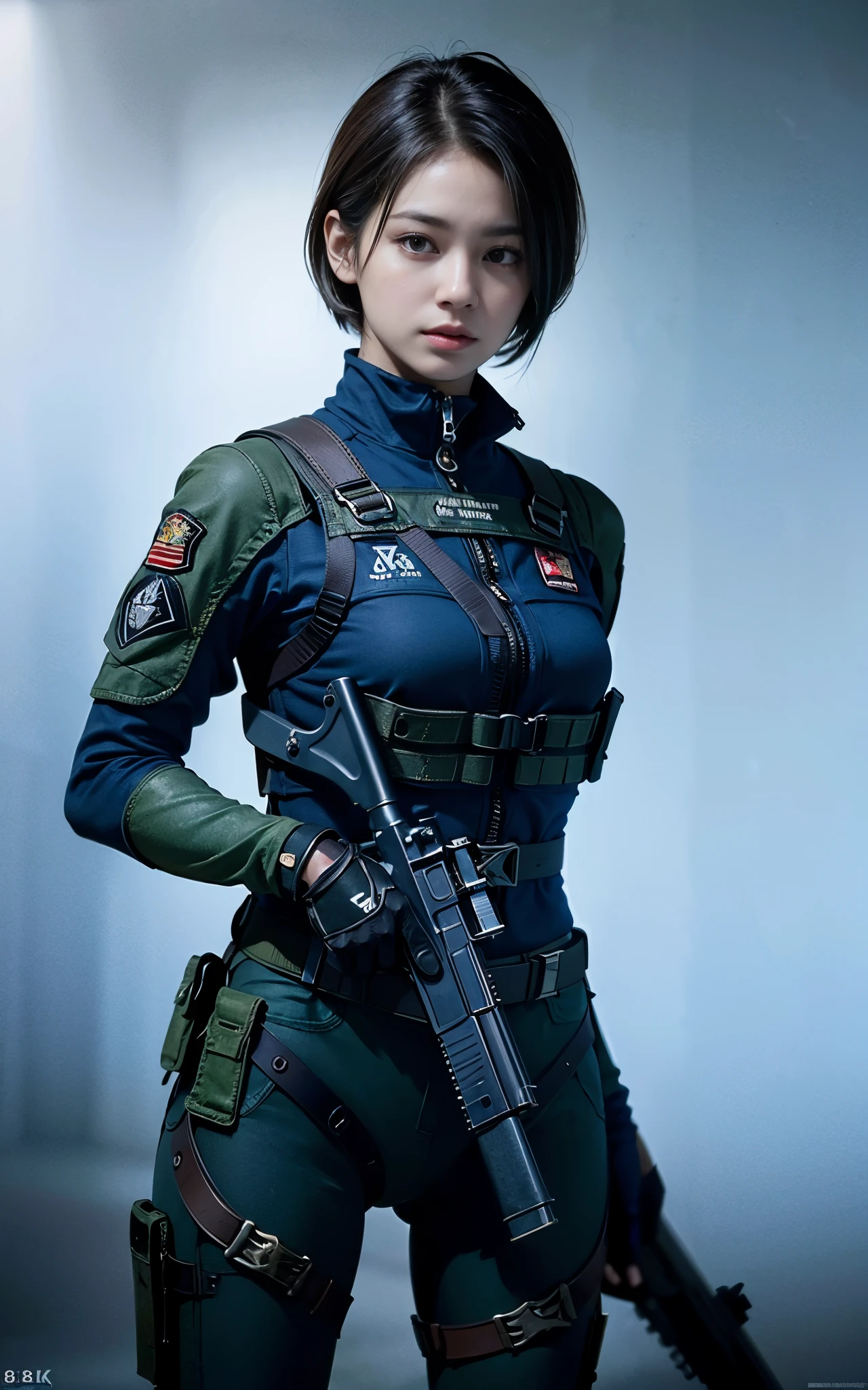 ((Best Quality, 8K, Masterpiece: 1.3)), ((best quality)), photorealistic, photorealism, Photorealistic, high resolution, 1girl aiming with an ak-47 assault rifle, Combat pose, looking at the camera, (Detailed face), short hair, (wearing red rubber suit, tactical vests, military harness, black gloves, high-tech headset), cloths color based on black dark blue), revealed thigh, Gun, Fingers are occluded, concrete wall background,