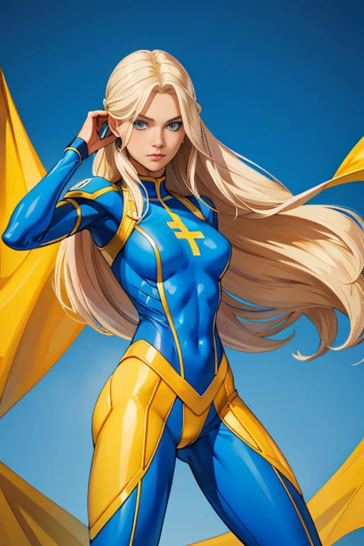 Swdish Woman sweden superhero suit Sweden clothing blue and yellow clothes Flag of sweden long blond hair pale skin blue eyes fiordi background