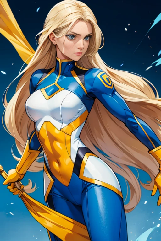 Swdish Woman sweden superhero suit Sweden clothing blue and yellow clothes Flag of sweden long blond hair pale skin blue eyes fiordi background