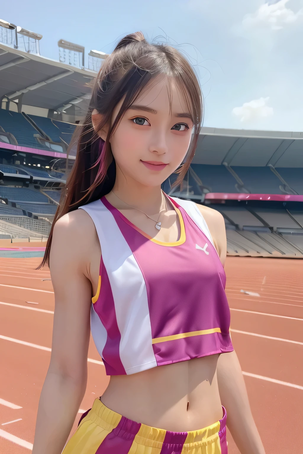 pieces fly、masterpiece、highest quality、Super detailed、High resolution、High resolution、8K portrait、unity 8k wallpaper、Detailed CG、unity 8k wallpaper、Detailed CGユニティ8kの壁紙、realistic、real person、portrait photography、shiny skin、(:1.2)、(cute:1.2)、High resolution、beautiful clear eyes、very detailed explanation、delicate face、cute face、nice lips、thin waist、thin legs、1 girl、(athletics stadium:1.5)、(flat chest:1.7)、(colorful sleeveless track and field uniform:1.5)、(abs:1.2)、(My nipples stick to my clothes:1.4)、(smile)、(stop temporarily)