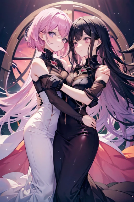 A   black haired woman with orange eyes  is hugging a pink haired woman with violet eyes with an hourglass figure
