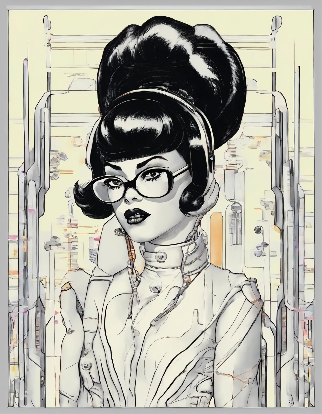 Black Hair、Japanese woman in her 30s、Dark Background、One adult female:1.5、night、whole photo、Dark Eyes、Black gloves、Ominous Machine Lifeform、Nihil、Half of his body is made of machinery、Scary atmosphere、In underwear:1.5、nsfw:1.1、naked、bissett
