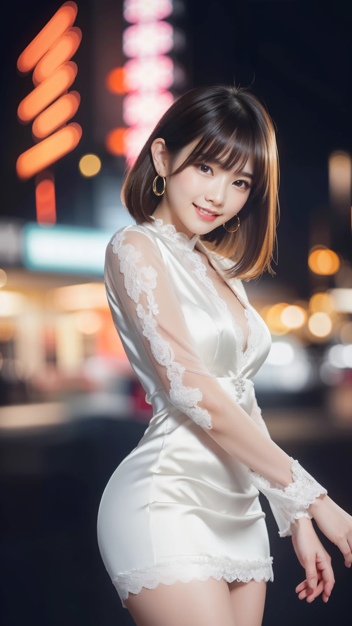 Photo taken by a professional photographer,8K, table top, RAW photo, highest quality, realistic, Highly detailed CG Unity 8K wallpaper, Depth of bounds written, cinematic light, Lens flare, ray tracing, (very beautiful face, beautiful lips, beautiful eyes), face with intricate details, ((super dense skin)) 1 girl, in the dark, deep shadow, cute korean girl, Flashy makeup with red eyeshadow,her shortcut, Delicate light brown hair is slightly disheveled with side waves.,wearing large ring earrings,K-POP idol, 1 girl, (very slim and slender fit muscular body:1.3), ((looking at the viewer)),(big smile:1.3), (magenta and black blouse), (sleeve fashion city night, dark night, (neon sign), (blurred background), fashion street night),(no people in the background:1.3), beautiful earrings, bracelet, necklace, pantyhose, clear eyes, walk, (white skin), (big eye ace forward, ((upper body shot)), ((silk color dresses:1.3)),(brown hair),((tight fit lace dress)), (See through), (looking at the viewer:1.3) open chest, very slim, medium breasts, backtracking,((buckshot)), See through, Medium Butt, mini skirt, updo hair, ((spread the thighs))