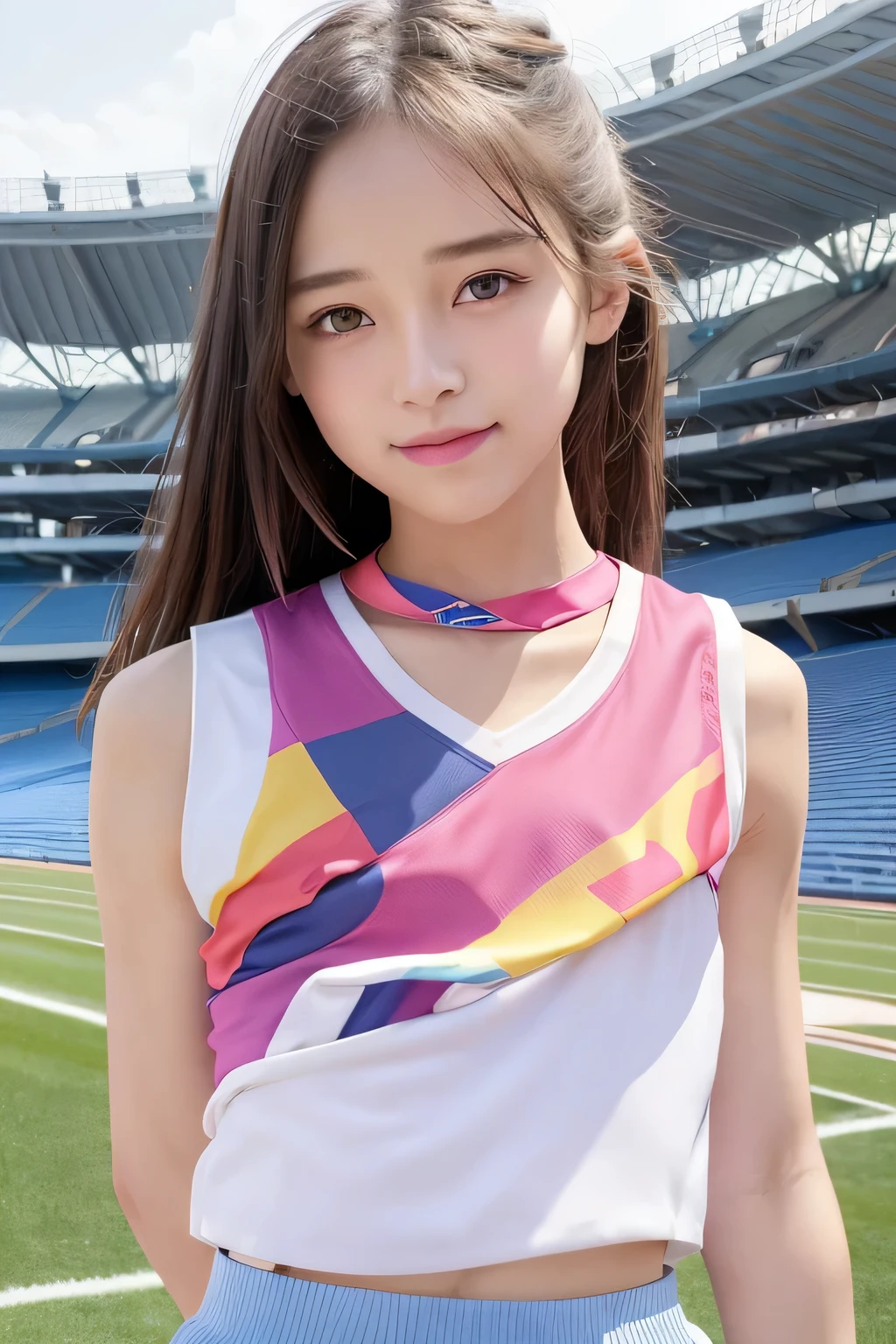 pieces fly、masterpiece、highest quality、Super detailed、High resolution、High resolution、8K portrait、unity 8k wallpaper、Detailed CG、unity 8k wallpaper、Detailed CGユニティ8kの壁紙、realistic、real person、portrait photography、shiny skin、(16 years old:1.2)、(cute:1.2)、High resolution、beautiful clear eyes、very detailed explanation、delicate face、cute face、nice lips、thin waist、thin legs、1 girl、(athletics stadium:1.5)、(flat chest:1.7)、(colorful sleeveless track and field uniform:1.5)、(abs:1.2)、(My nipples stick to my clothes:1.4)、(smile)、(stop temporarily)