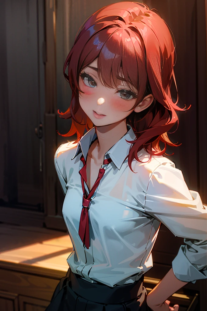Sexy young woman, blushing, cute, sexy, see through shirt, comfortable, red hair