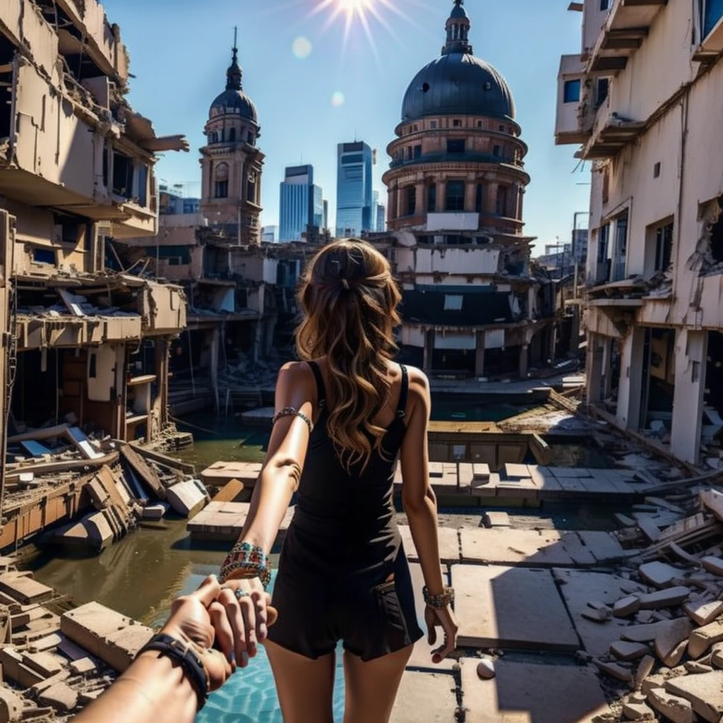 1girl, ultra detailed, highres, masterpiece,
by_style, bf_holding_hands, 1girl holding hands with viewer, walking in the ruined city,