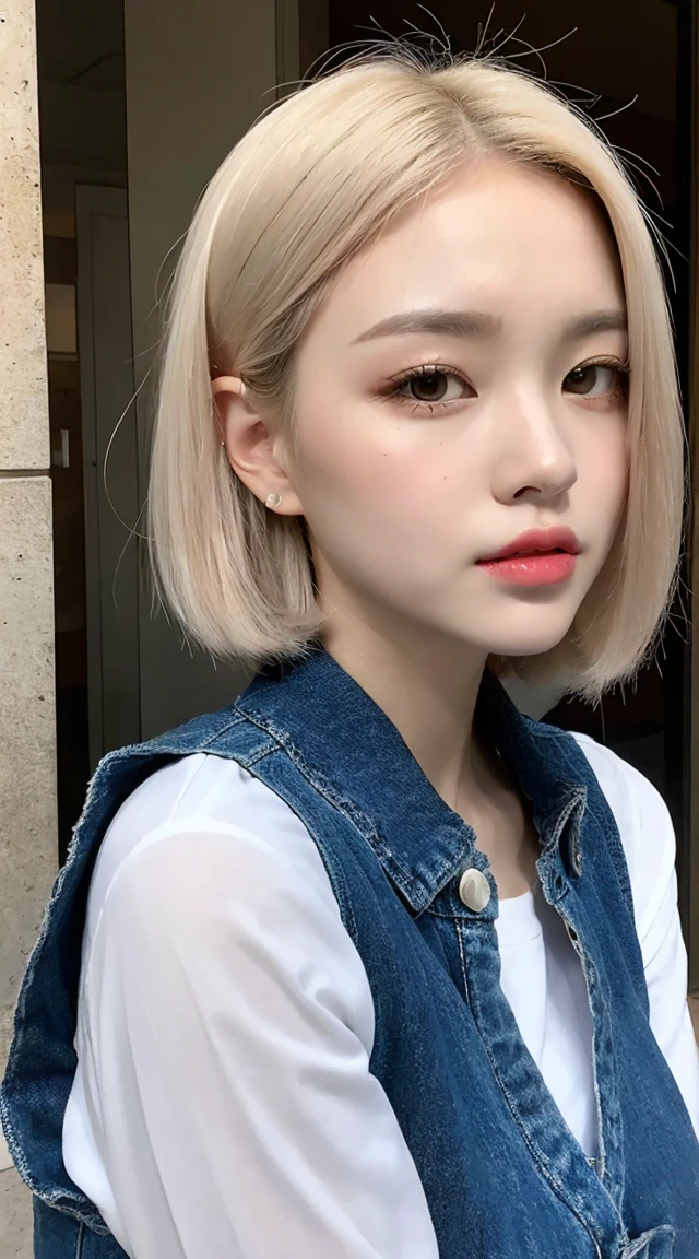 Upper body, newspaper background, beautiful Asian girl photos, cool feelingadvanced photos, western beauty, shoulder length white hair with a pinch of bluered suspender sleeveless vest, Jean jacket, white lace line around the neck, artistSargent's color, realistic facial features, beautiful lights, extremely beautiful facialdetails and delicate eyes, clear and three-dimensional facial features, 32K