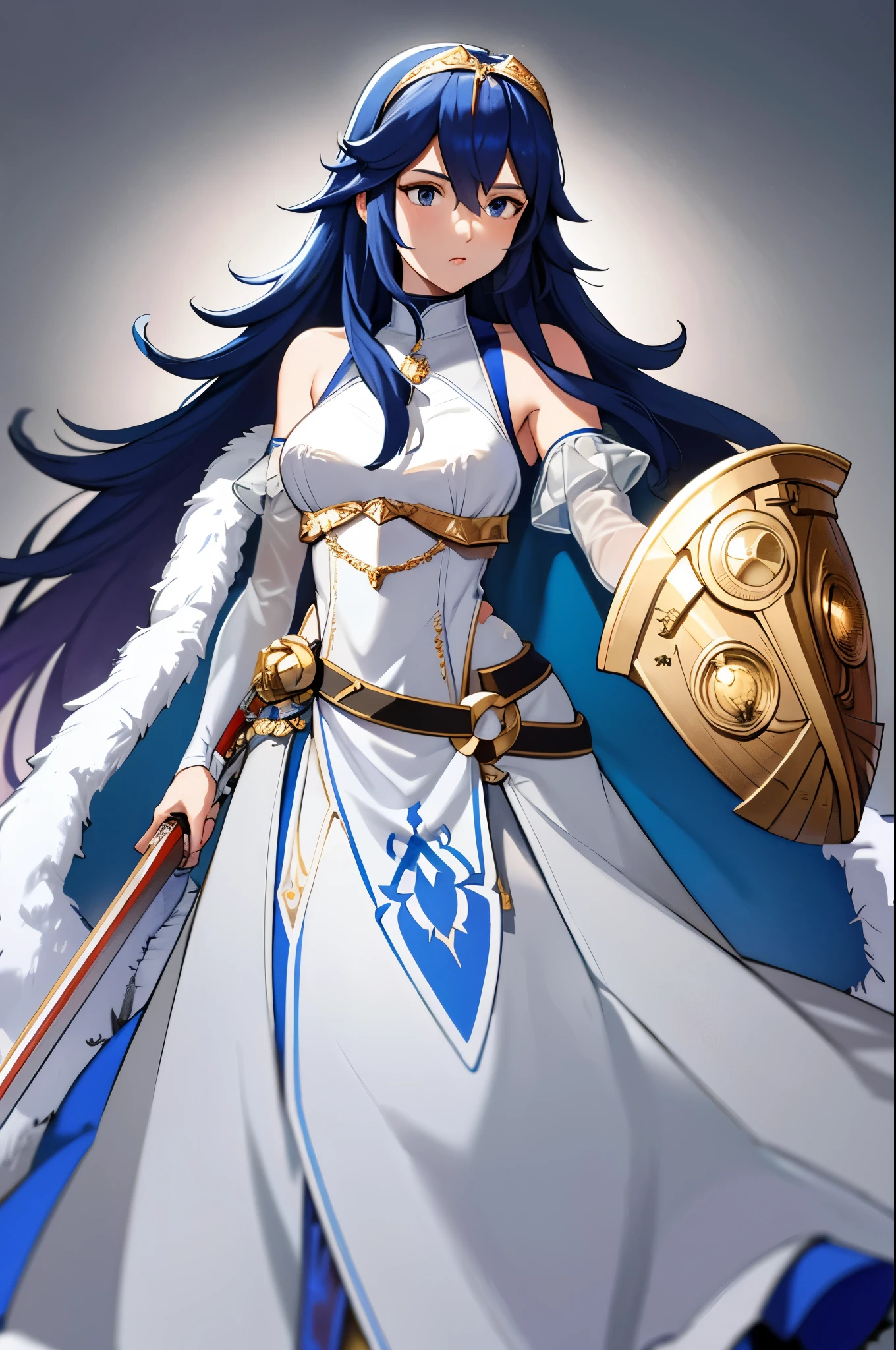 exLucy, tiara, white dress, detached sleeves, blue cape, fur trim, holding a shield with left arm, holding a sword with right arm