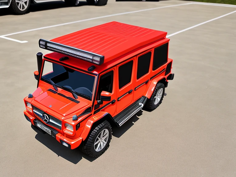 Mercedes Big G，Toy style big G，slick design，best quality，Super detailed，Big G parked in the parking lot，Sufficient lighting，Bright colors，Vehicle details are clear，Sleek toy style，Sleek cartoon style