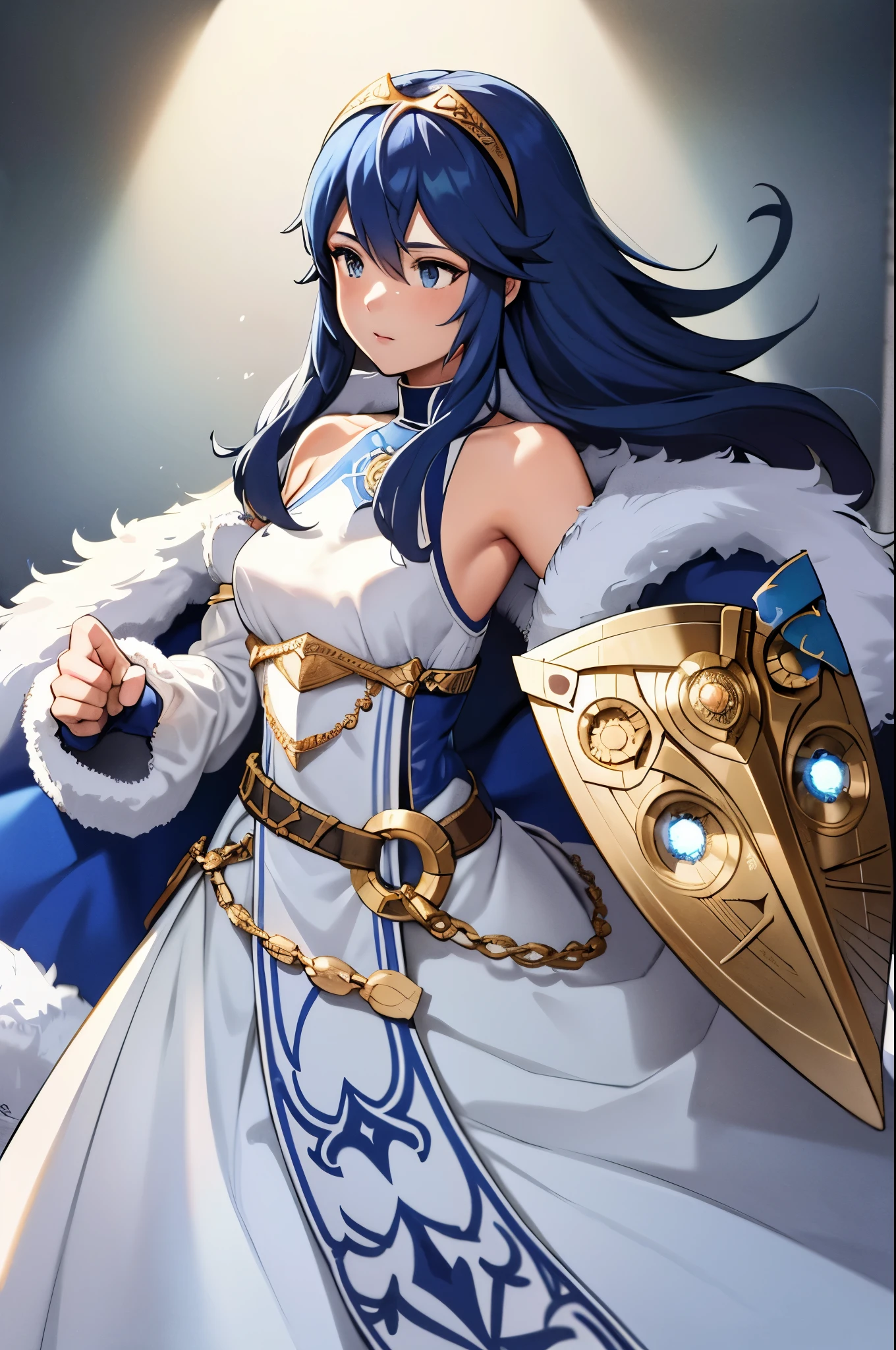 exLucy, tiara, white dress, detached sleeves, blue cape, fur trim, holding a shield with left arm, holding a sword with right arm