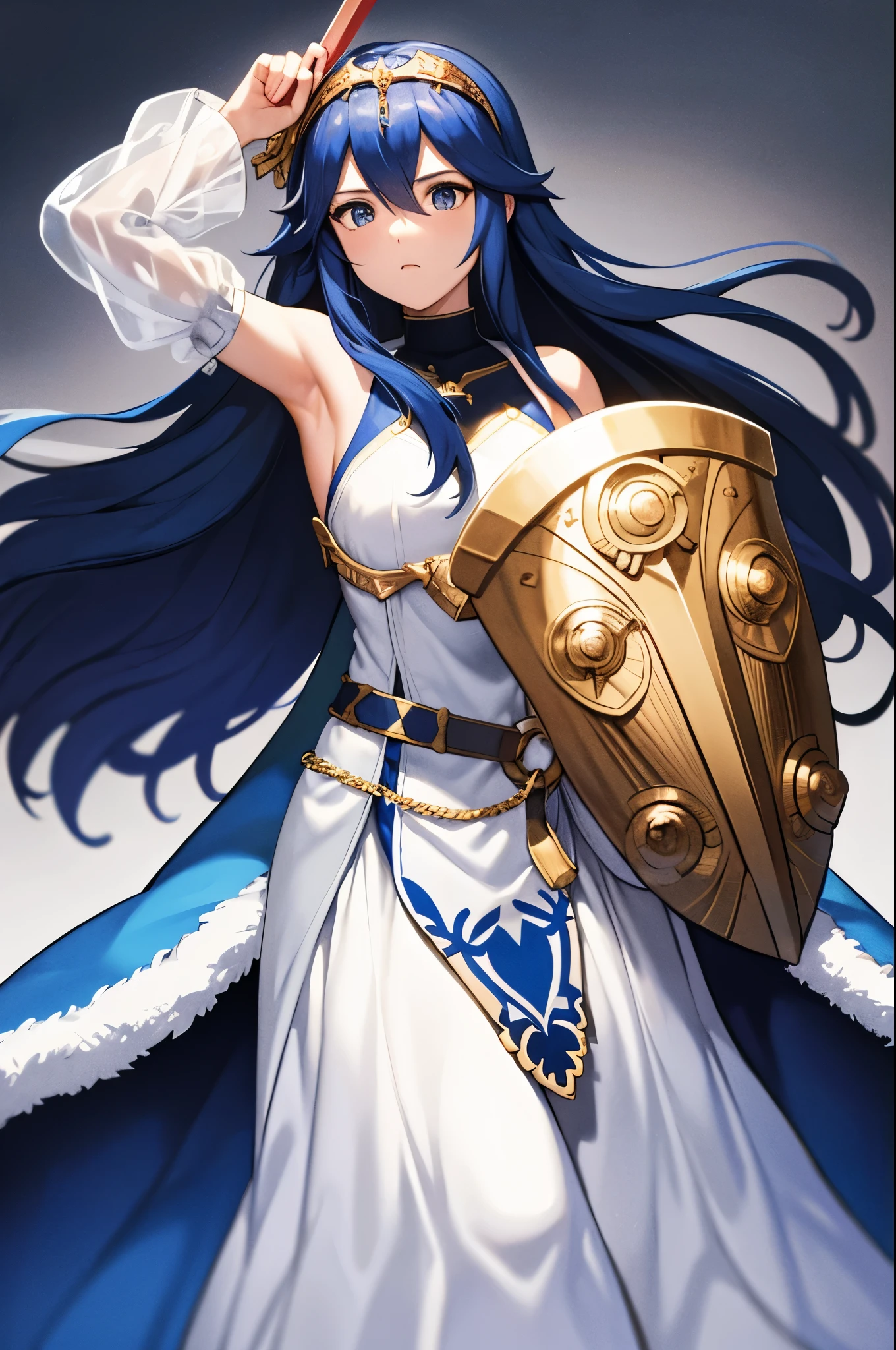 exLucy, tiara, white dress, detached sleeves, blue cape, fur trim, holding a shield with left arm, holding a sword with right arm