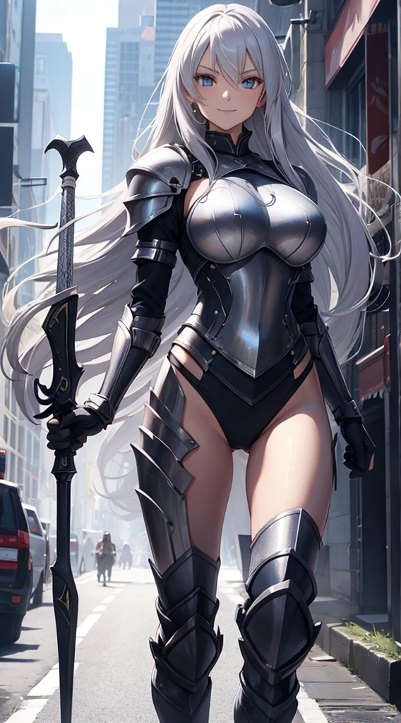 Female knight, leotard armor, long silver hair, blue eyes, smiling, walking in the crowded city, holding a weapon in hand, huge bust