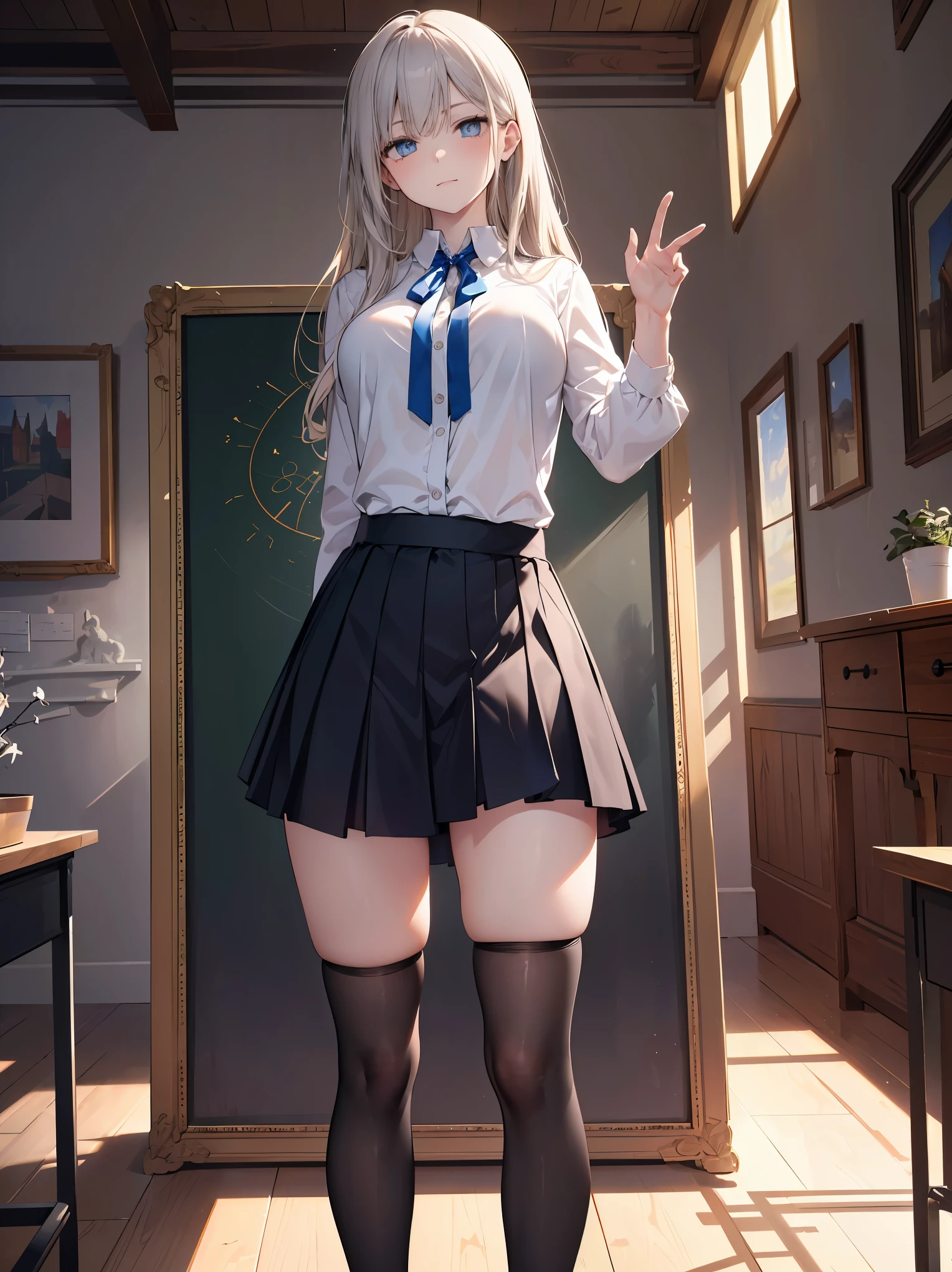 (Superlative work of the creator god: 1.4), (Absolute resolution: 1.4), (God of art's masterpiece: 1.4), Surrealist work, (Complex, detailed and realistic materials, textures, light sources: 1.3), (Perfect Anatomy: 1.2), Illustrate a character standing in a sunlit classroom, holding a pen with a contemplative expression. The character is a young woman with a pale complexion and long, wavy silver hair with hints of blue, accented by a blue and red ribbon. She has large, expressive blue eyes and a slightly furrowed brow, conveying a pensive mood. She is wearing a semi-transparent white blouse with a fitted black skirt and a blue ribbon tied neatly at the collar. Her attire is completed with black thigh-high stockings that have a subtle shine, suggesting a silky texture. The classroom is bright and airy, with sunlight streaming through the windows and casting soft shadows. The blackboard in the background has faint traces of writing, adding to the academic setting. The illustration should have a vibrant, yet serene atmosphere, and the aspect ratio should be portrait, ((standing with thighs spread apart: 1.5)), smile, seductive genius, super detailed skin, (famous The best lighting by artists: 1.2), 8K, ((Famous masters' teaching of captivating poses: 1.6)),