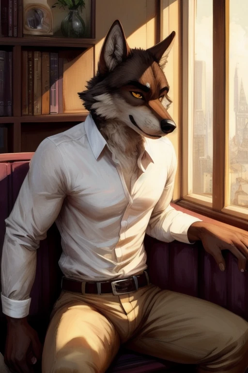 (Bypbap , Cutesexyrobutts), (((mr. wolf \(the bad guys\)))), (sitting, three-quarter front view, three-quarter portrait, white shirt, brown belt, khaki pants:1.3), (france coffee shop:1.25), (window, morning, inside), BREAK, (detailed background, depth of field, half body shadow, sunlight, ambient light on the body), masterpiece, best quality, 4k, 2k, (intricate:0.9), (high detail, shaded, realistic:1.25), absurd res
