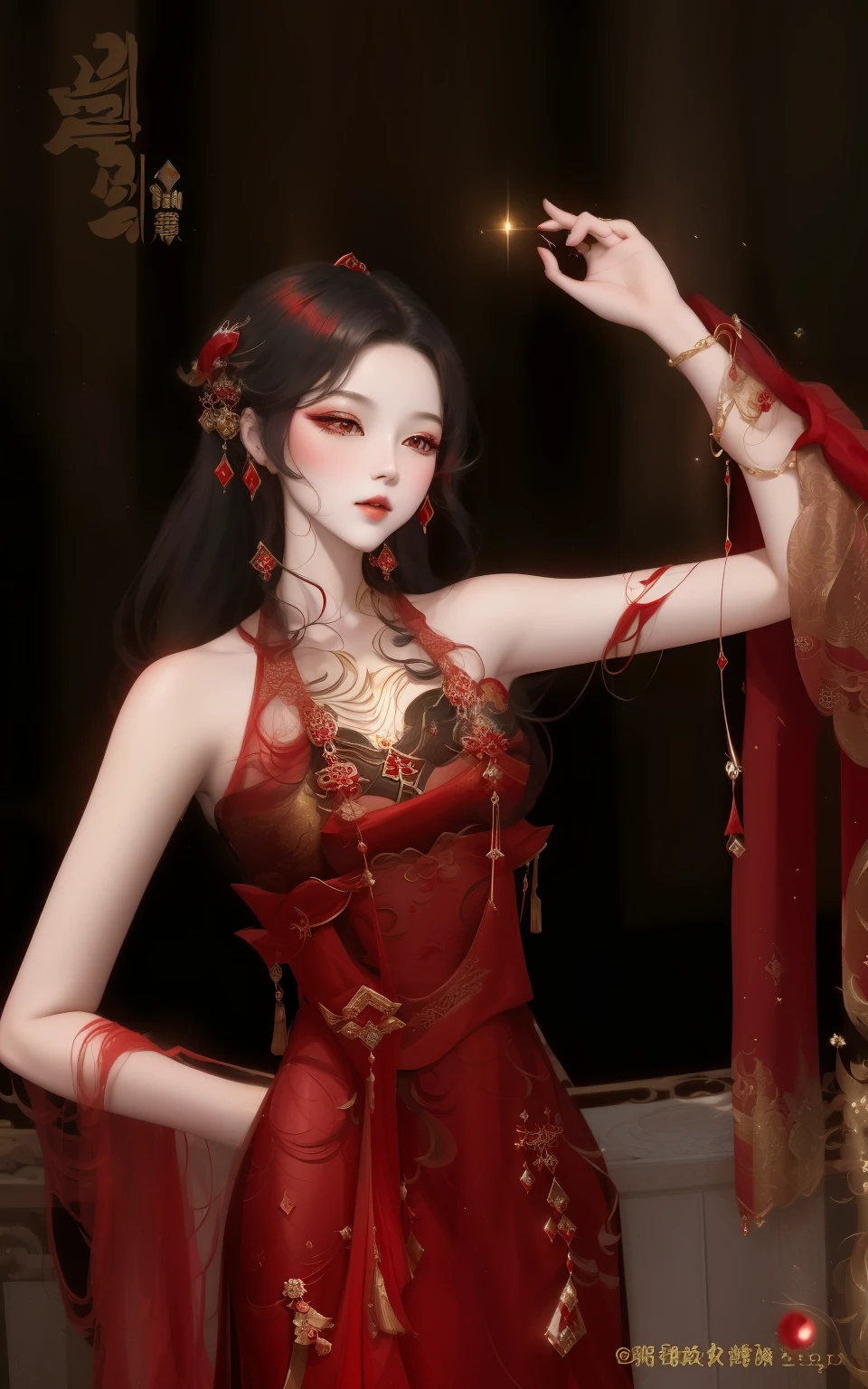a close up of a woman in a red dress with a red shawl, digital art of an elegant, inspired by Lan Ying, inspired by Huang Ji, ((a beautiful fantasy empress)), inspired by Qiu Ying, full body xianxia, a beautiful fantasy empress, palace , a girl in hanfu, inspired by Sim Sa-jeong, inspired by Wang Meng
