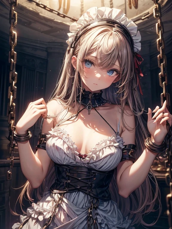 (masterpiece)), ((best quality)), (ultra-detailed), nsfw, ((underground)),(((many chains strongly bound waist))),a cute girl, 1girl, solo, (white mini frilly tanktop dress),(both wrists tied above the head ), (both wrists hung from the ceiling with chain),((thin waist)),large breast, slim, slender, bdsm,beautiful pinkbrown hair, beautiful blue eyes, (beautiful eyes), long hair,troubled expressio