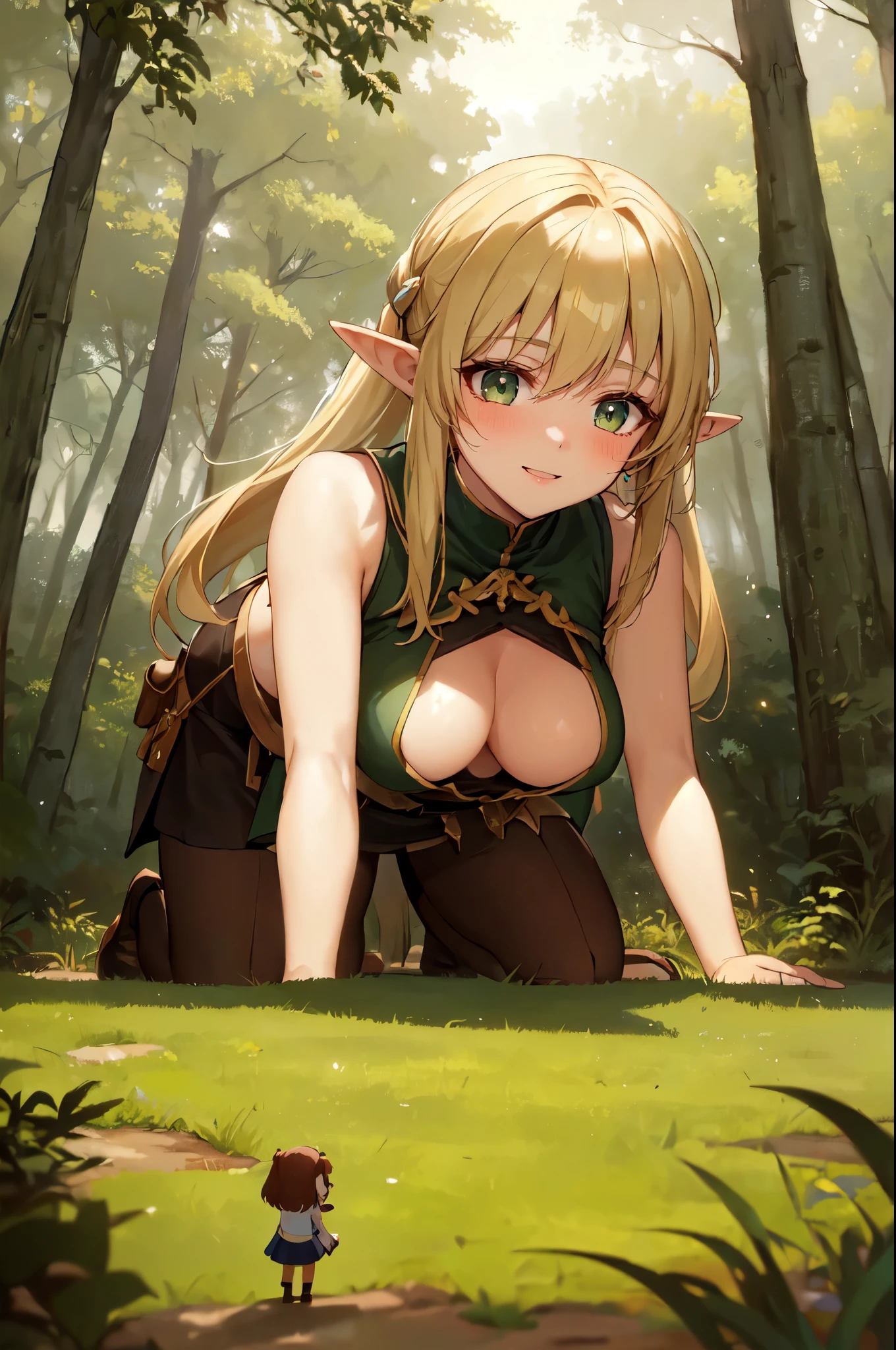 giantess, (2girls:1.5), (height difference: 1.3), (size difference: 1.1), forest:1.1, (all fours:1.1), (bent over: 1.1), (warrior adventurer outfit: 1.1), (a giantess in front of a minigirl), (medium sized breasts: 1.1), (elfgirl), trees, forest, (adventurers: 1.1), ( rear end: 1.3), (a minigirl under the breasts of a giantess), (minigirl on the ground zoomed out: 1.2) bushes,