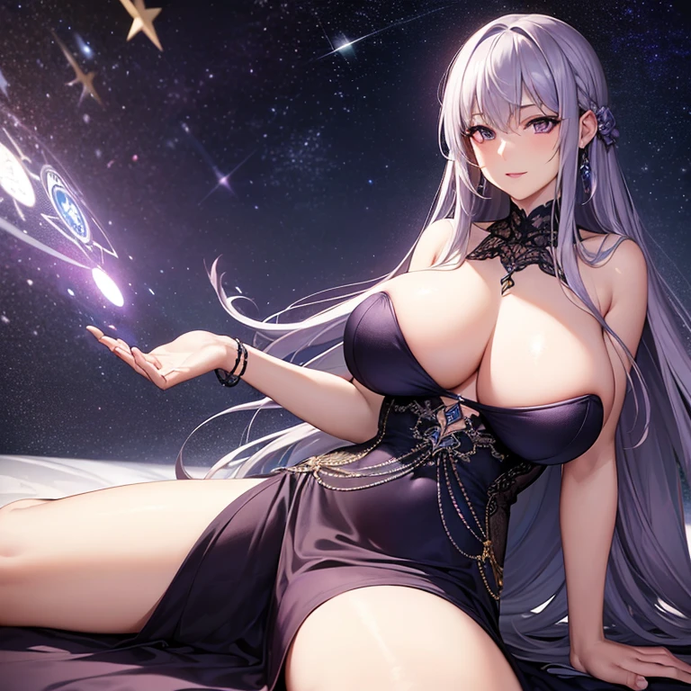 best quality, ultra high res, (photorealistic:1.4), masterpiece, blurry background,starry night,1girl,laying on back in bed ,(looking at viewer), purple and black elegant dress, platinum hair, purple eyes, long silver hair, fortune teller, tarot cards, magical, gigantic breasts,