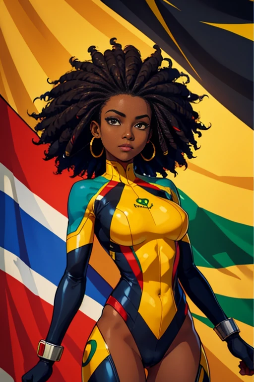 Suoth african Woman south africa superhero suit south africa clothing black white green red yellow and blue clothes Flag of south africa afro hair black hair dark brown skin black eyes african background