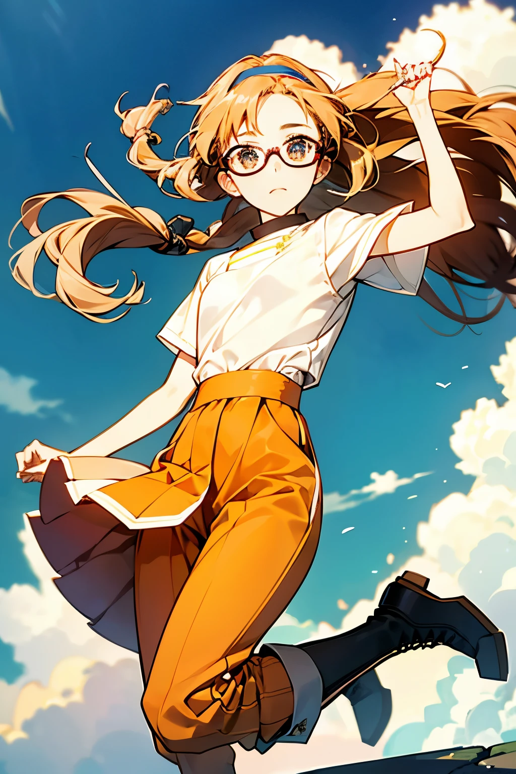 portrait、wearing glasses、put your hand on your glasses、simple background、I turn my gaze and look up at the sky、12 year old girl、She has long curly blonde hair and wears a hairband.、jumping、Small, agile and young with lots of energy、Wear orange pants with flared hems.、wear a boyish orange top、He wears fine strapped leather boots.、