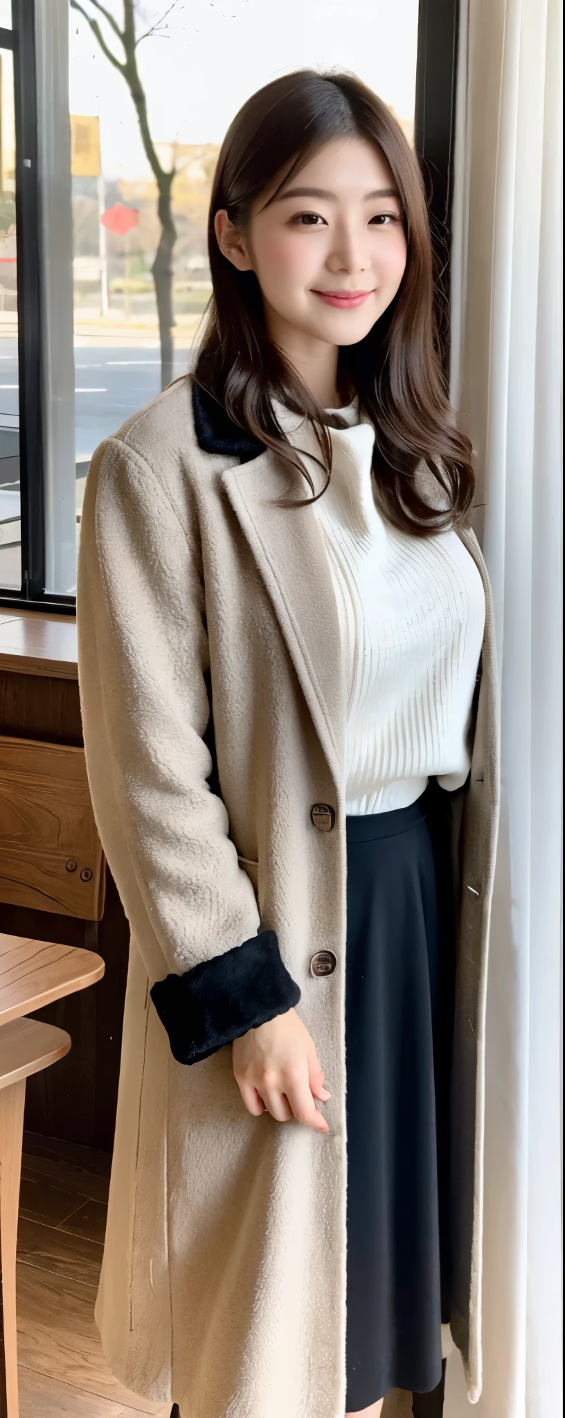(8k, RAW photos, top quality, masterpiece: 1.2, ultra detailed, super resolution, real photos: 1.37), (Full body photo), 1 noble elegant Japanese lady, (standing contrapposte), winter season, ((black color coodinate, wearing over-size nouton coat, winter fluffy scarf, grey long skirt, legging, wearing long boots)), Shiny, Smile, Looks like 1.8 meters tall, large pelvis, Large breasts, big cuvy hips, Thin waist, Long legs, skin hyper-detail, 20 years old, Perfect face, (Detailed facial features), Wavy hair, Daylight, winter season, snazzy cafe,
