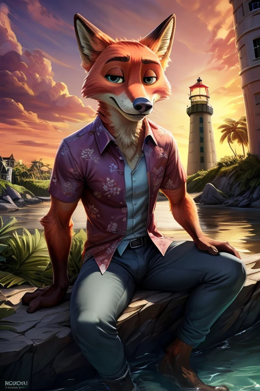 by kenket, by totesfleisch8, (by thebigslick, by silverfox5213:0.8), (by syuro:0.2), (uploaded on e621,8k, RAW photo,high resolution,high quality), ((masterpiece)), (wear shirt and bottomless), (front view), (tail) (cinematic lighting), backlighting, (shaded), detailed background, by dagasi, (by personalami), [by Ruan Jia],, (Nick Wilde),  male, photorealistic, hyperrealistic,