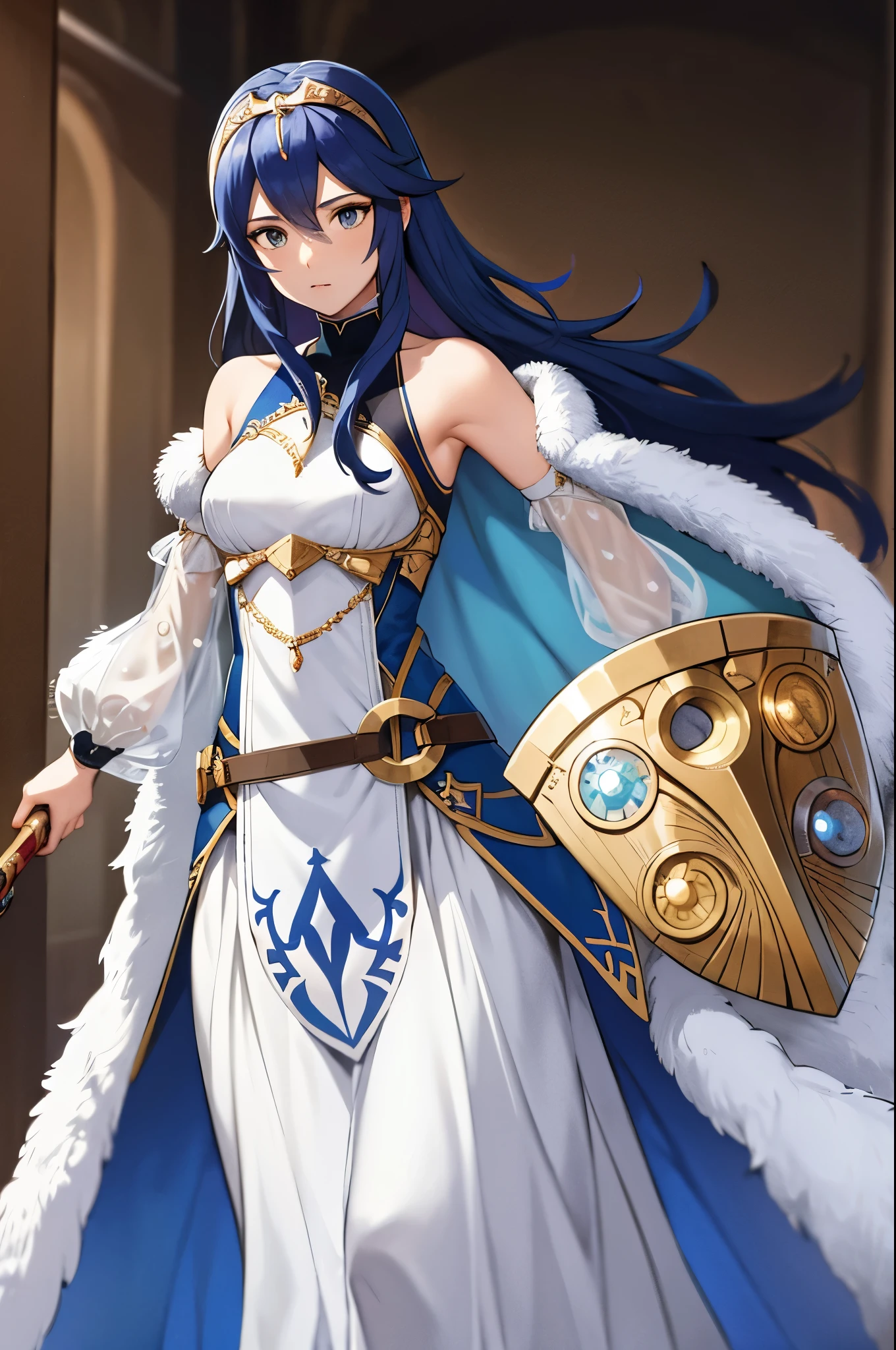 exLucy, tiara, white dress, detached sleeves, blue cape, fur trim, holding a shield with left arm, holding a sword with right arm