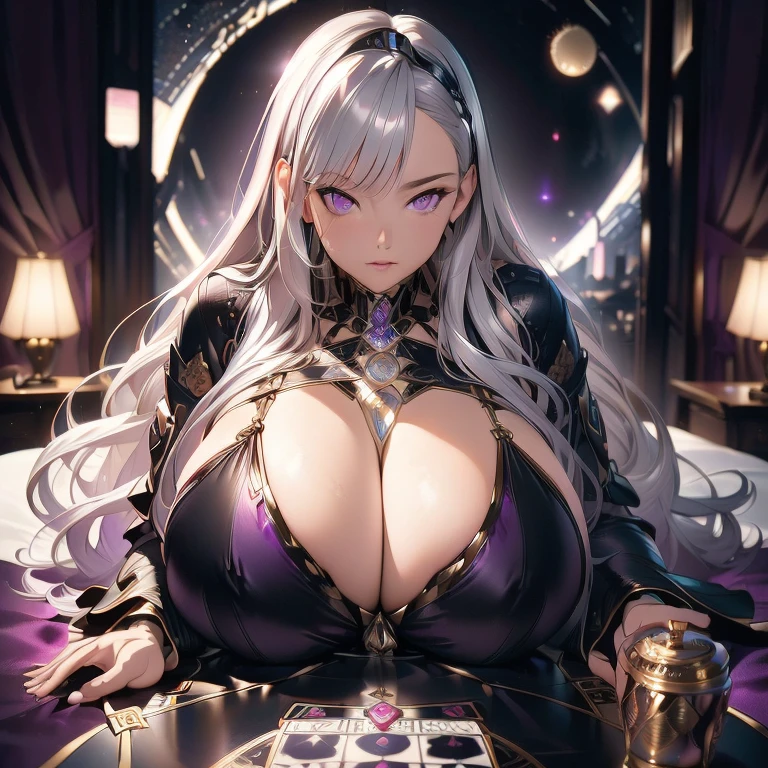 best quality, ultra high res, (photorealistic:1.4), masterpiece, blurry background,starry night,1girl,laying on back in bed ,(looking at viewer), purple and black elegant dress, platinum hair, purple eyes, long silver hair, fortune teller, tarot cards, magical, gigantic breasts,