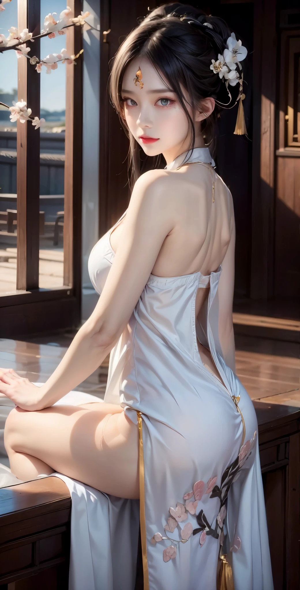 realistic, 1 women, best quality, 12k, HD, long hair, big round breasts, cleavage, ponytail, necklace, jewelry, shorts, short jacket, slim hips, hair tie, yellow eyes, black hair, super detailed, Eye details, hair details, person details, mouth details, face details, breast details, clothes details, hair details, pants details, hand details, whole body