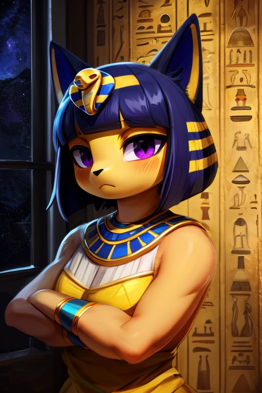 uploaded on e621, ((by Hyilpi, by Supplesee, by Dagasi, Animal Crossing)),
solo ((chibi ankha \(animal crossing\))) with ((yellow body)) and (navy blue short hair) and (purple hypnotic eyes),
(wear egyptian white dress, egyptian mythology, flat chested,:<, crossed arms:1.2), ((detailed fluffy fur)),
(three-quarter portrait, looking at viewer, three-quarter view:1.35),
BREAK
(egyptian room, yellow wall, egyptian symbol:1.25), (starry, fog, mist)
(detailed background, depth of field, half body shadow, sunlight, ambient light on the body),
(digital painting \(artwork\), photoshop \(medium\), painttool sai \(medium\):1.3)
(masterpiece, best quality, ultra realistic, 4k, 2k, (high detail:1.3),
(3d \(artwork\):1.2), blender \(software\), (soft focus:1.1), ray tracing, (unreal engine:1.3), absurd res)