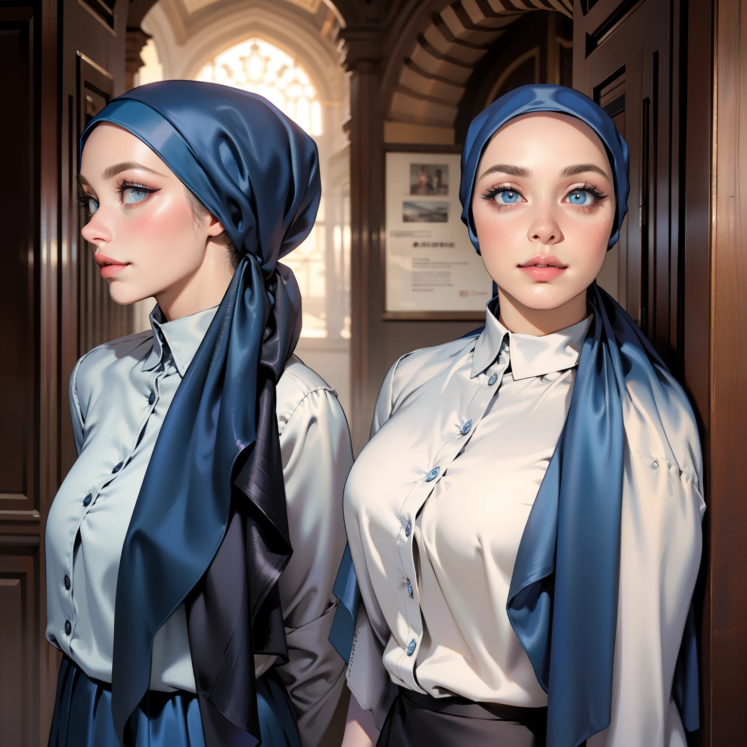3dmm style, Masterpiece, realistic, best quality, best lighting, beautiful mature Czech woman, 1 girl photo solo, beautifully makeup, eyeshadow, Parted Lips, Detailed Eyes, beautiful big eyes, long eye lashes, dimples on the cheeks, smile, wearing ((Dark blue satin hijab)), loosely tide hijab style, ((gray satin shirt and satin long skirt)), ((front view)), (close up portrait), front view, standing straight, facing the viewer.