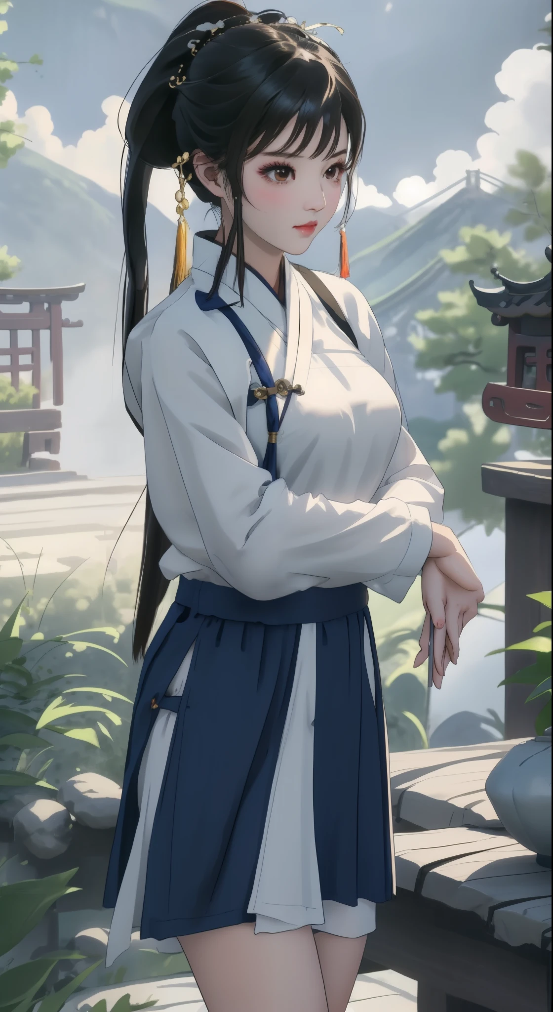 Paichang, ribbon twin braids, brown eyes, ponytail,bright hair, alone , Tai Chi stance, close,
Paiati,white chinese dress, band, mini skirt、超mini skirtに, No sleeve,white panties、That blue sky, cloudy, evening, grassland,
(Extremely detailed, beautiful detailed face, masterpiece, highest quality) ィールドでponytailを持つ漫画のキャラクターの接写, portrait of Chunli, portrait of Chunli, Chunli, Chunli, Chunli, Inspired by Li Miki, Chunli at the gym, tifa lockhart portrait, highly detailed art germ, Kunoichi, Inspired by Zhu Lian, Inspired by Wu Li