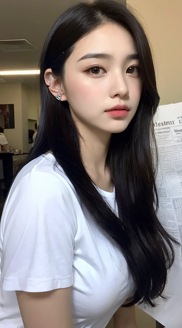 Upper body, newspaper background, beautiful Asian girl photo, cool feeling enhanced photo, Western beauty, long black smooth hair, Bluetooth headset accessories with a white t-shirt wearing blue, saffron color Sargent, realistic facial expressions, beautiful lighting, extremely beautiful facial details and delicate eyes, clear and three-dimensional facial contours, 32K