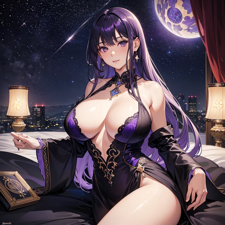 best quality, ultra high res, (photorealistic:1.4), masterpiece, blurry background,starry night,1girl,laying on back in bed ,(looking at viewer), purple and black elegant dress, platinum hair, purple eyes, long silver hair, fortune teller, tarot cards, magical, gigantic breasts,