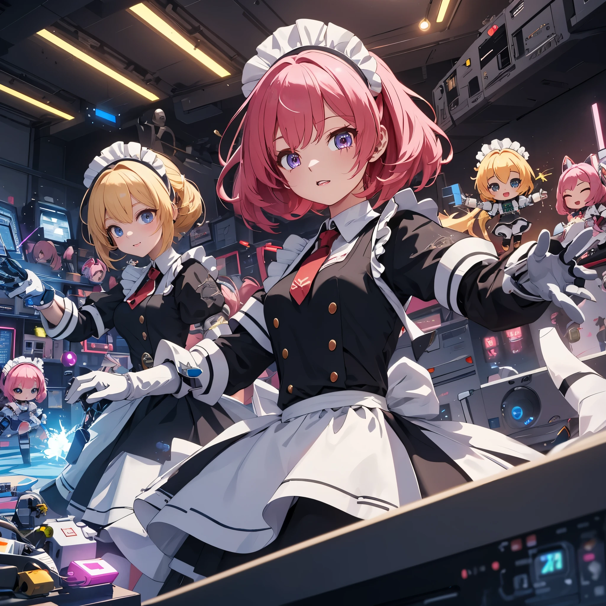 absurdres,best quality,ultra detailed 8k cg render,extremely detailed,robot girls,maid,chibi,a few charging their batteries,a few fully charged is dancing,They are programmed just to do anything you want them to.,