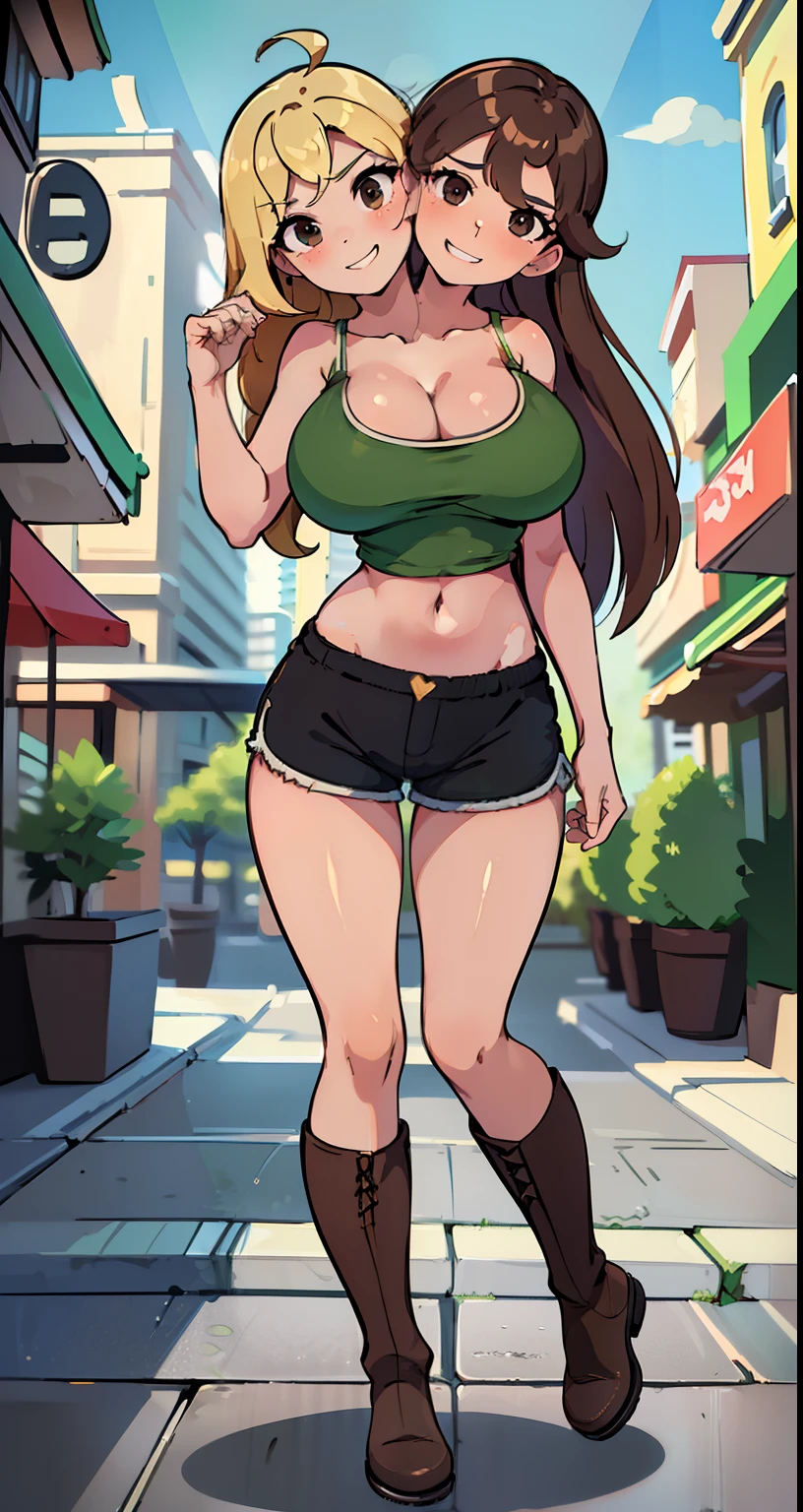 bbest quality, (masterpiece),(ultra-detailed), (high quality), (high resolution), (2heads:1.5) Gal, (blonde short hair(, (brown long hair), large breasts, thighs, shorts, cleavage, green mini shorts, (close shot),best quality:1.5, highres, UHD, 4K), city street background, smiling, ((black tank top)), ((slim proportions)), black eyes, brown boots, ((full body)), strong girl, exposed midriff