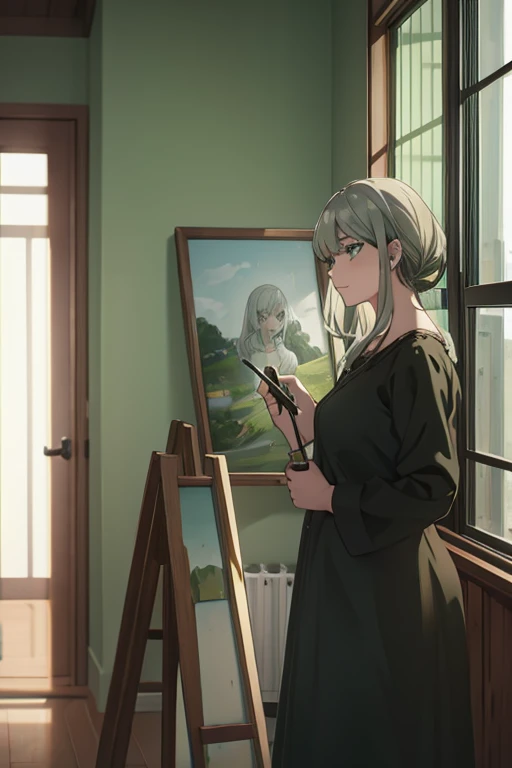 A gray haired young woman with  green eyes is painting by a  sunny window