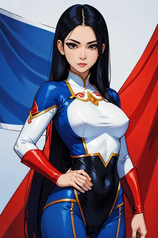 Thai Woman thailand superhero suit Thailand clothing blue and white and red clothes Flag of Thailand long black hair pale skin black eyes thai background