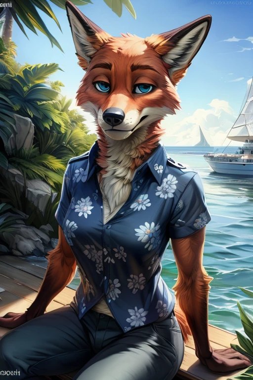 uploaded on e621, ((by Homogenousrule, by Wildering, by Foxovh, by Catcouch)),
solo ((nick wilde)) with ((neck tuft)) and (fluffy tail) and ((clear navy blue eyes)),
((half-length portrait)), ((wear blue hawaii floral shirt with grey pants)),
BREAK
((sitting at island with plant and water on sunny day, white boat)),
(detailed background, depth of field, half body shadow, sunlight, ambient light on the body),
(intricate:0.7), (high detail:1.2), (unreal engine:1.3), (sharp focus:1.15),
[explicit content, ????????????????????], (masterpiece, best quality, 4k, 2k, shaded, absurd res)