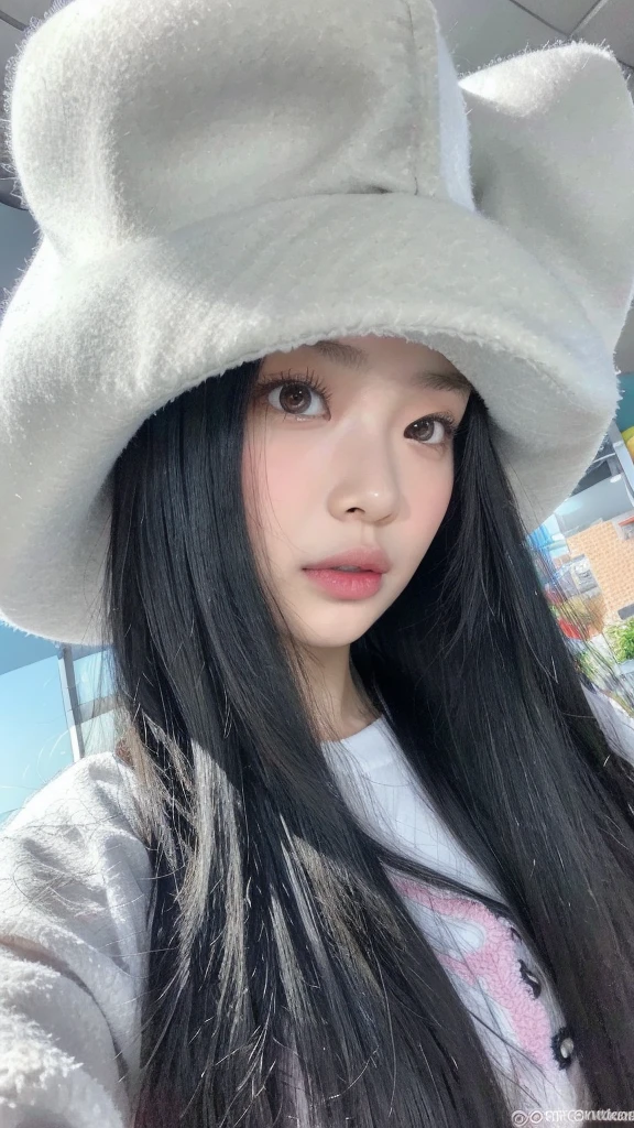 Arafed asian woman with long black hair wearing a white hat, Ulzzang, Hanni do New jeans, New jeans, kpop, rosto delicado, bochechas rosadas, franja e cabelo longo, New Jeans kpop, Hanni do New jeans, Cute Asian, cabelos pretos, olhos escuros, boca rosada.